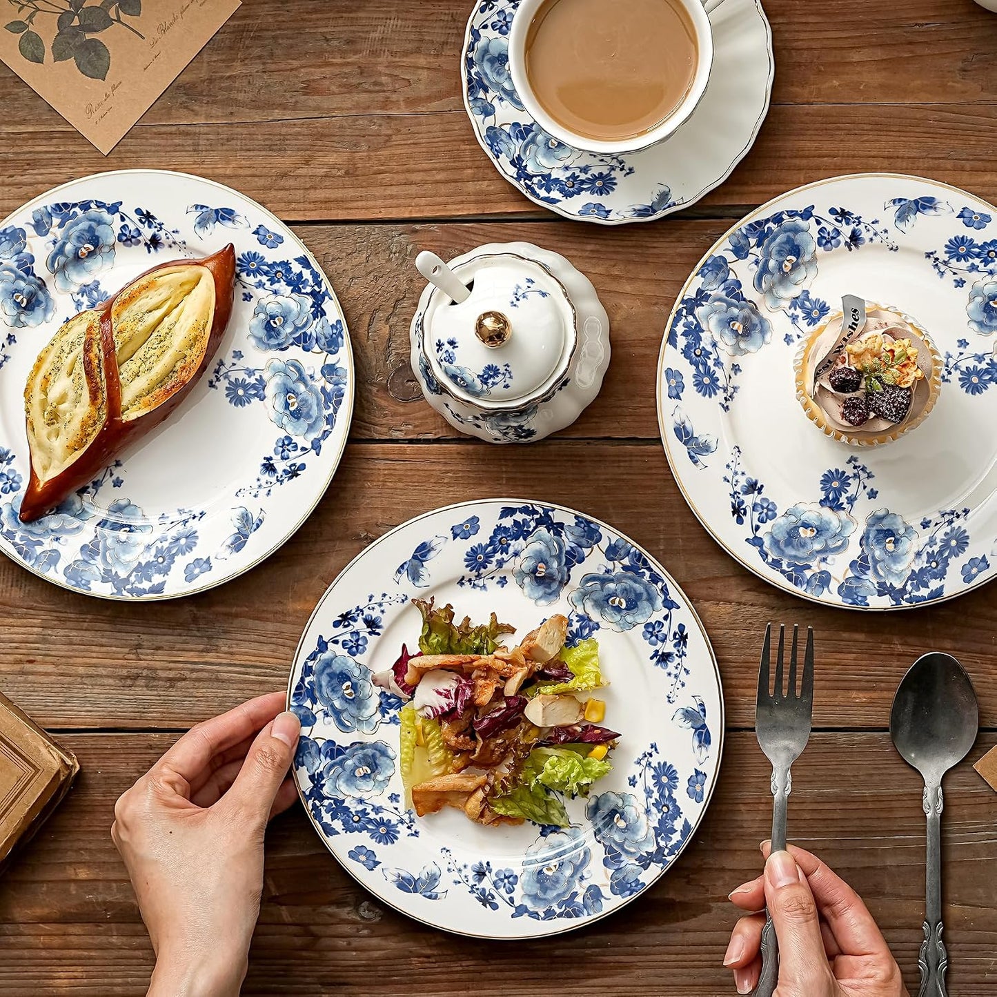 Blue Floral Porcelain Plates – Set of 4, 8 Inch | Nooliano