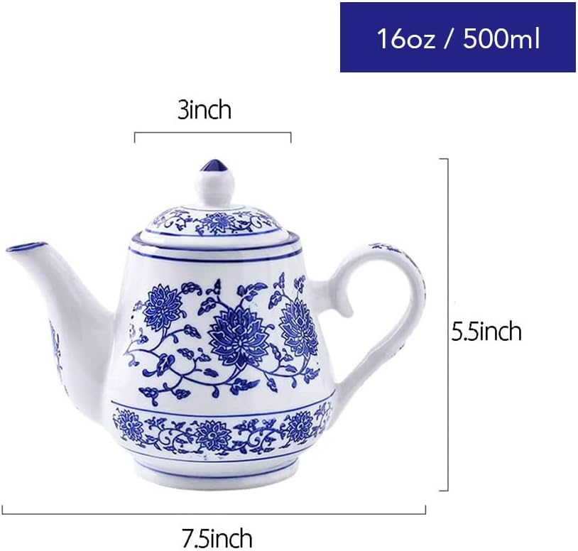 Blue and White Ceramic Small Tea Pot Teapot Coffee Pot with Lid,16.5oz