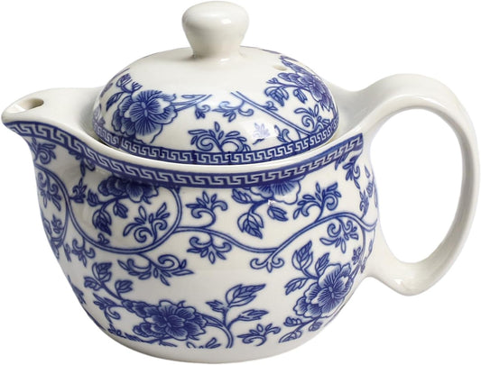 WAIT FLY Blue and White Ceramic Tea Pot with Removable Infuser, Teapot for Loose Leaf and Blooming Tea-Flower