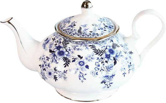 22oz Floral Ceramic Teapot (Suitable for 1 to 3 people) – Vintage Gold Rim Porcelain Tea Pot for Loose Leaf, Blooming Tea & Coffee, Elegant Teapot for Tea Party, Flower Design (China Flower)