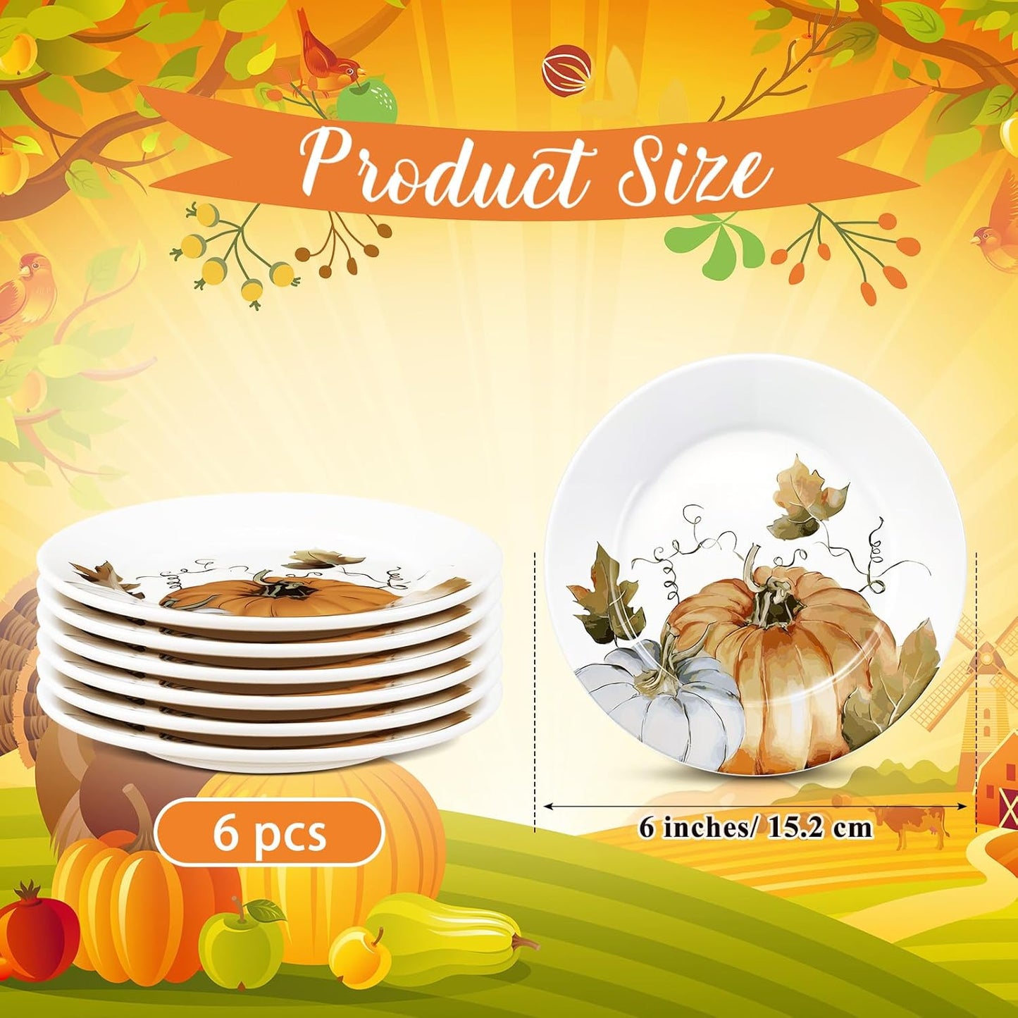 Fall Pumpkin Ceramic Plates – Set of 6, 6 Inch | Nooliano