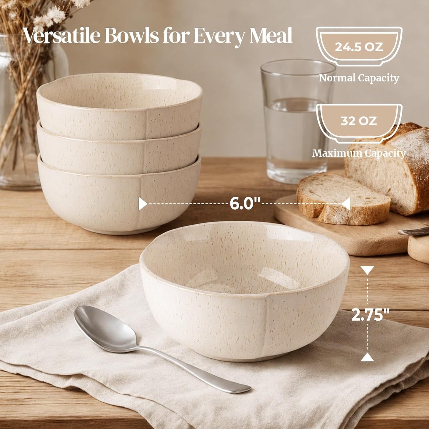 DOWAN 32 OZ Soup Bowls Set of 4, 6" Large Deep Ceramic Bowls with Embossed Sesame Glaze for Kitchen, Oatmeal, Soup, Salad, Fruit, Dishwasher & Microwave Safe