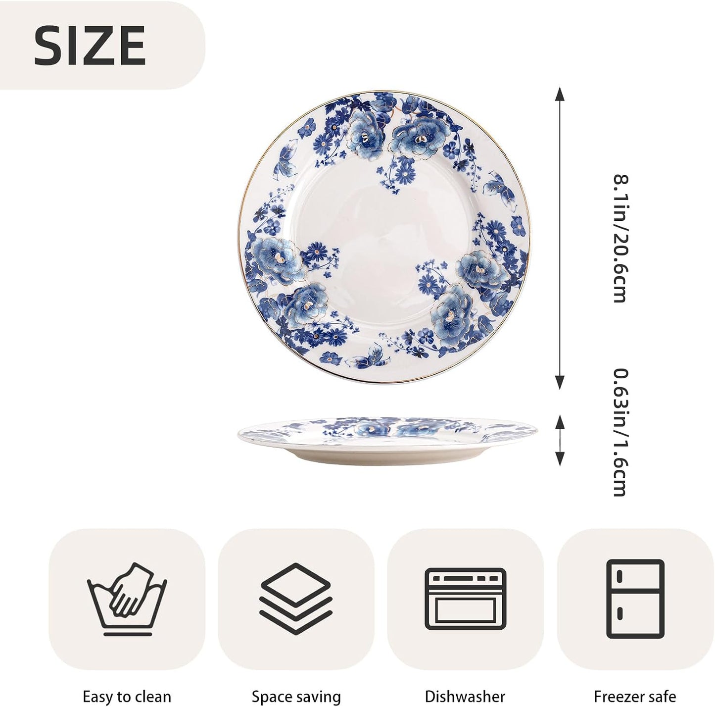 Agyiuns Porcelain Floral Plates, 8 inch, Set of 4,Small Plate, Small Appetizer Plates,Round dessert plate for breads, desserts, snacks, salads (Blue flowers)