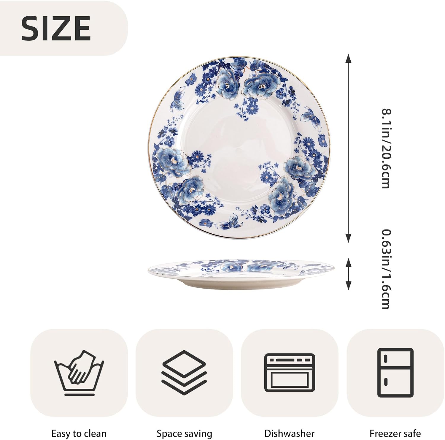Agyiuns Porcelain Floral Plates, 8 inch, Set of 4,Small Plate, Small Appetizer Plates,Round dessert plate for breads, desserts, snacks, salads (Blue flowers)