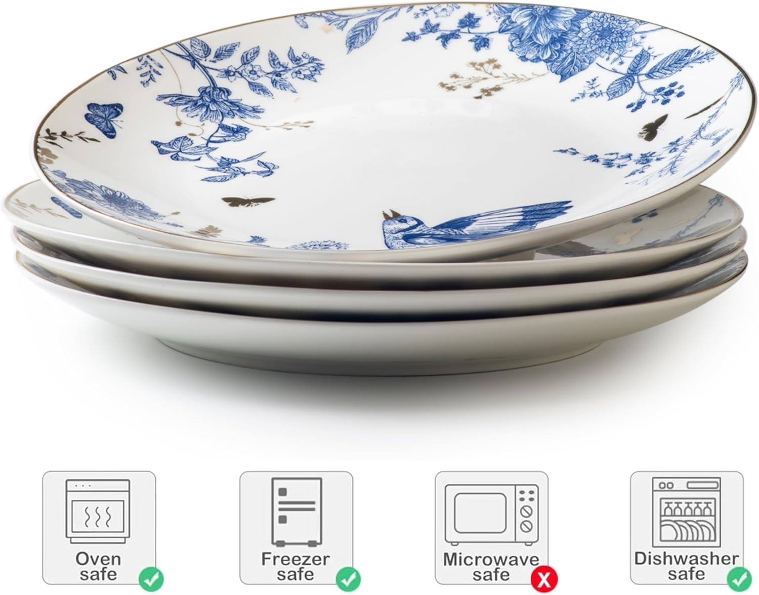 Porcelain Floral Plates 10 Inch Ceramic Salad Plates Kitchen Plates Set of 4 Blue and White Dinner Plates, Pasta Plate for Appetizer, Dessert,Party,Housewarming,Gift