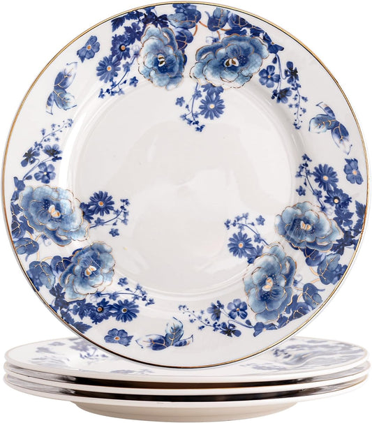 Agyiuns Porcelain Floral Plates, 8 inch, Set of 4,Small Plate, Small Appetizer Plates,Round dessert plate for breads, desserts, snacks, salads (Blue flowers)