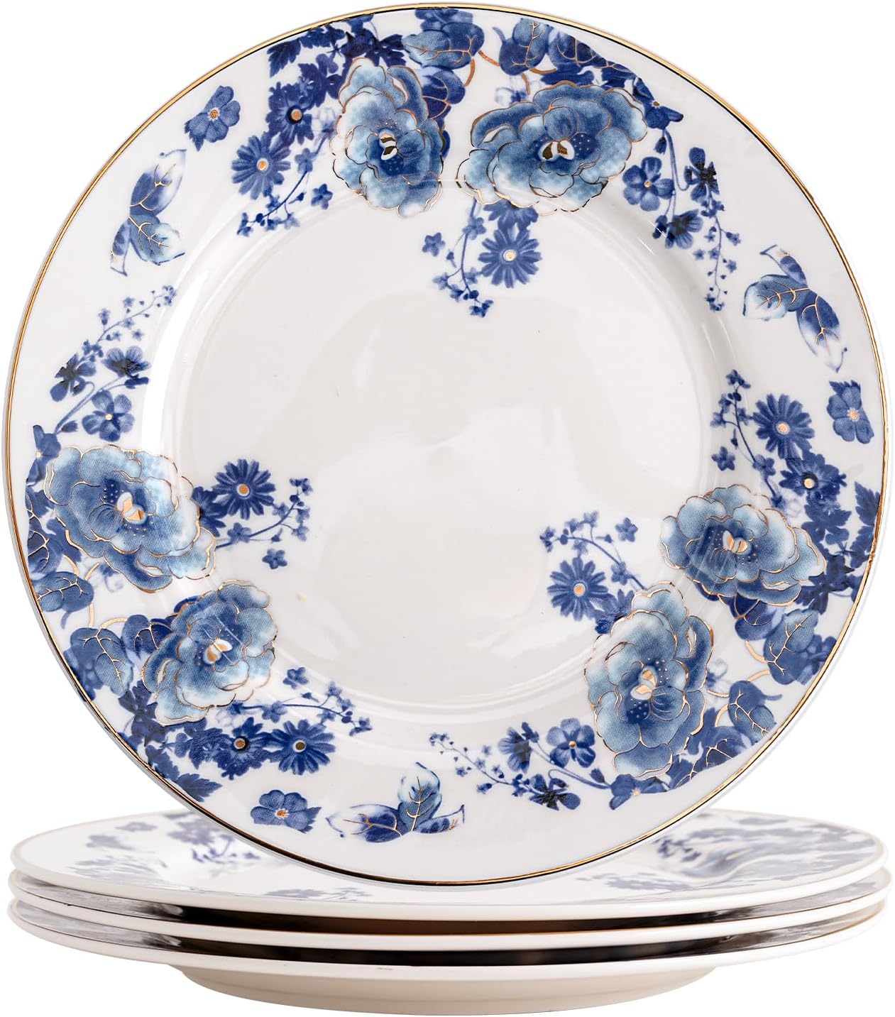 Agyiuns Porcelain Floral Plates, 8 inch, Set of 4,Small Plate, Small Appetizer Plates,Round dessert plate for breads, desserts, snacks, salads (Blue flowers)
