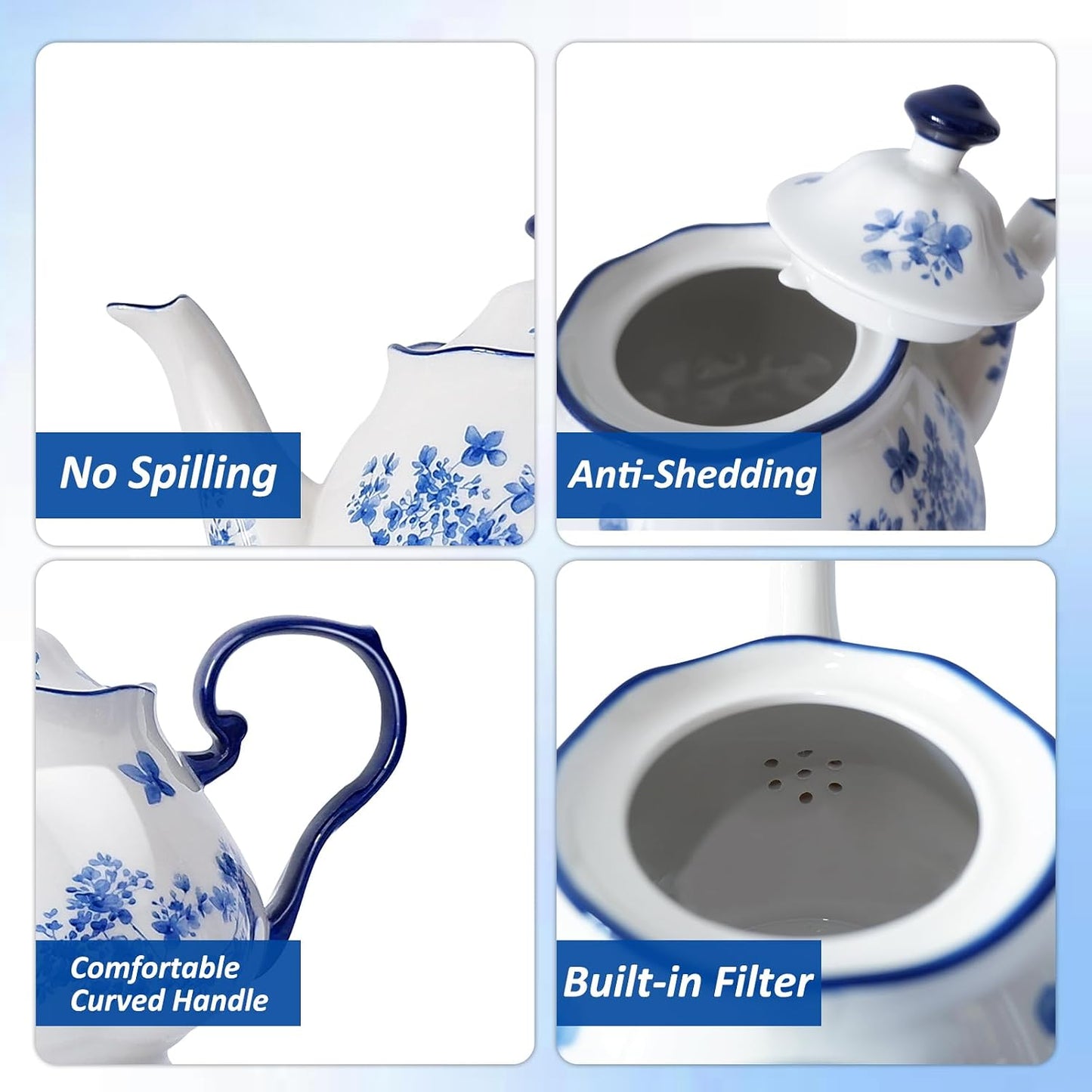 Bone China European Style Floral Ceramic Teapot - 45oz, Perfect for Tea Sets, Loose Tea, and Parties