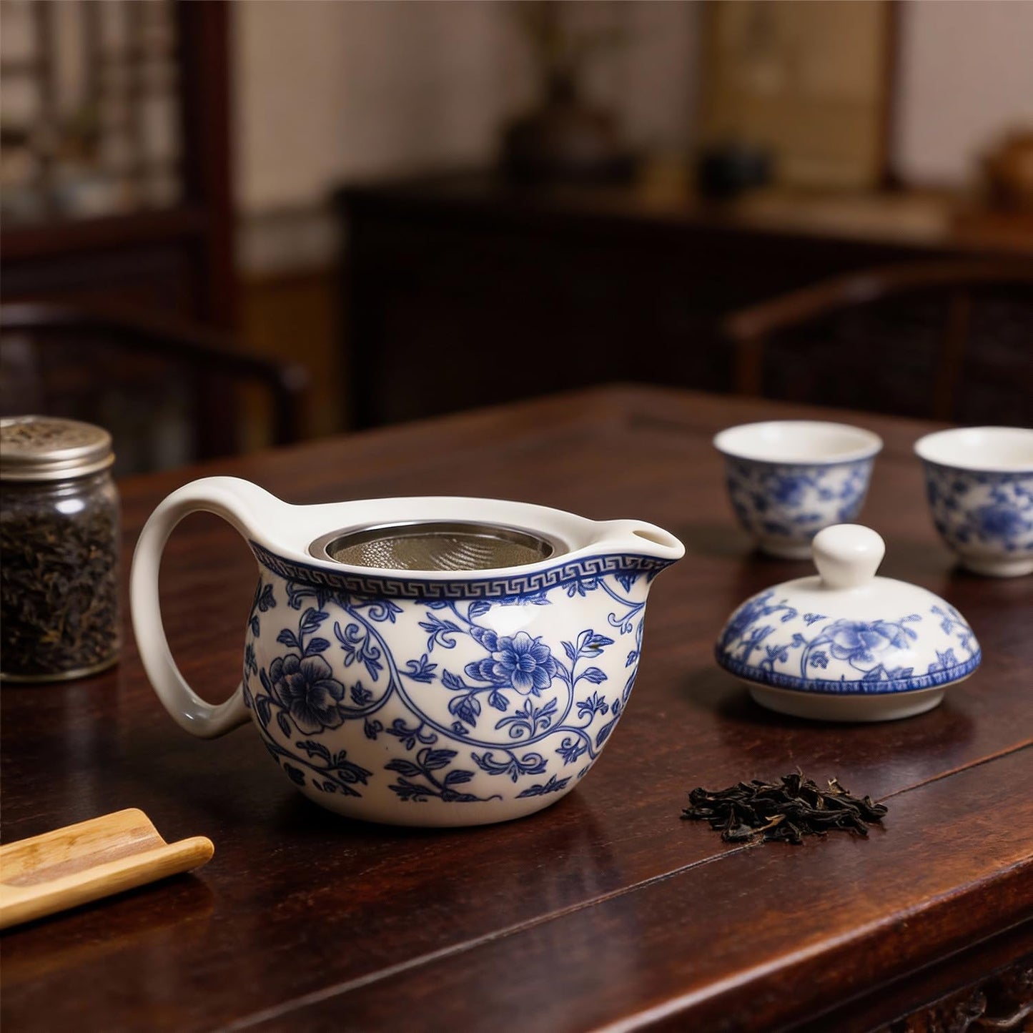 WAIT FLY Blue and White Ceramic Tea Pot with Removable Infuser, Teapot for Loose Leaf and Blooming Tea-Flower
