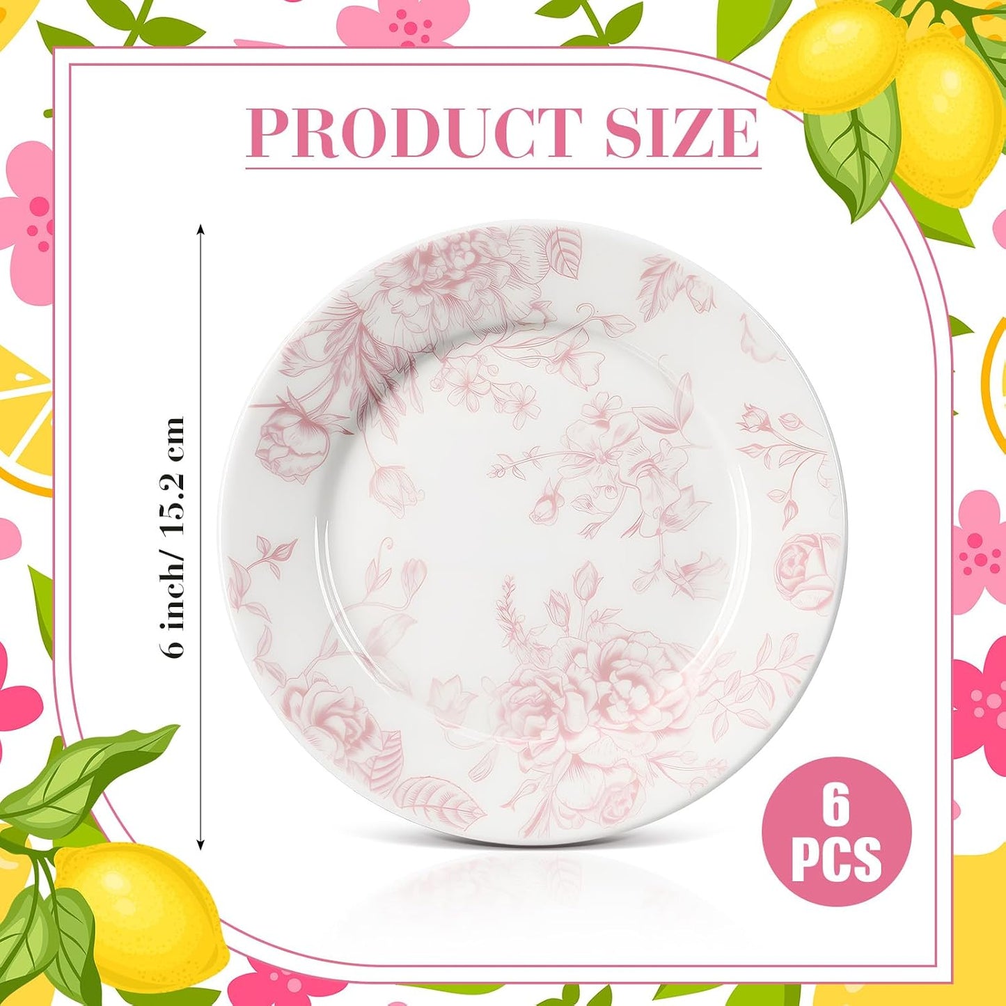 Pink Floral Ceramic Plates – Set of 6, 6 Inch | Nooliano