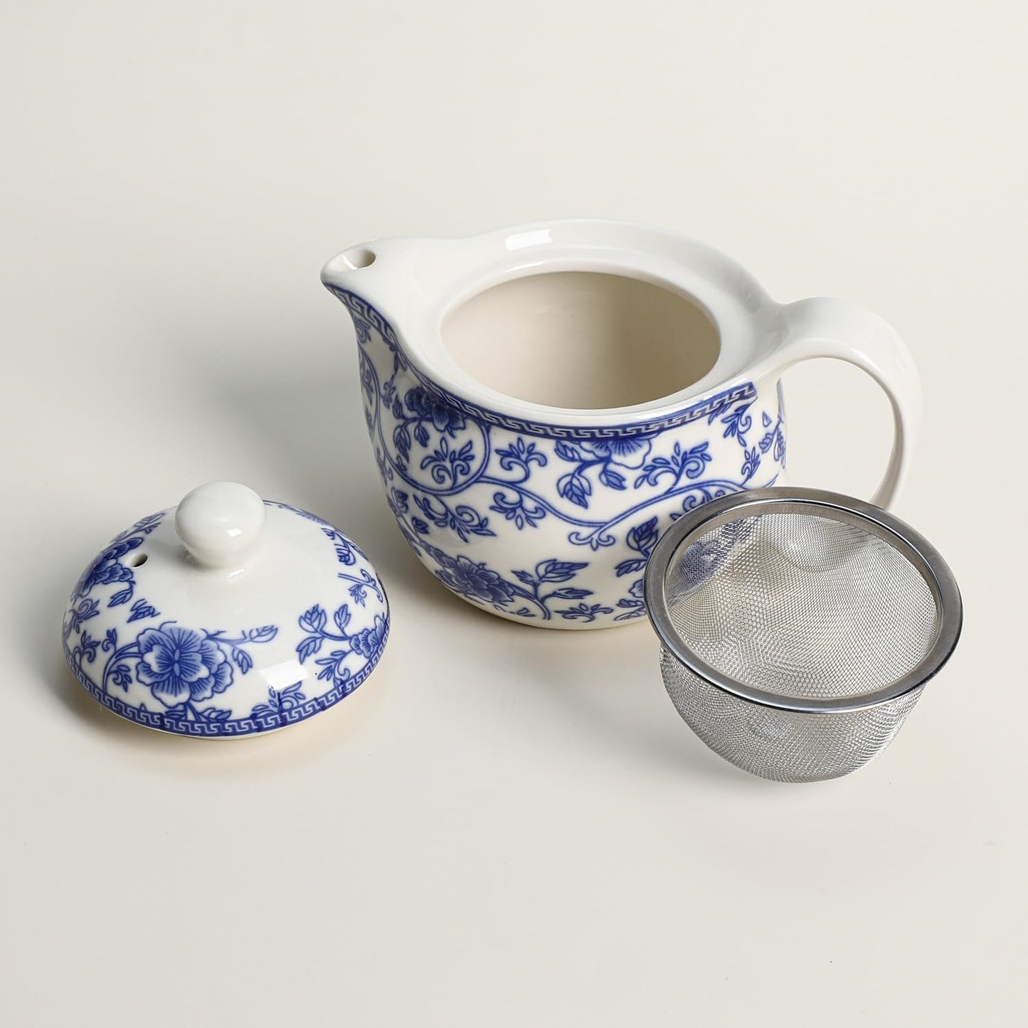 WAIT FLY Blue and White Ceramic Tea Pot with Removable Infuser, Teapot for Loose Leaf and Blooming Tea-Flower