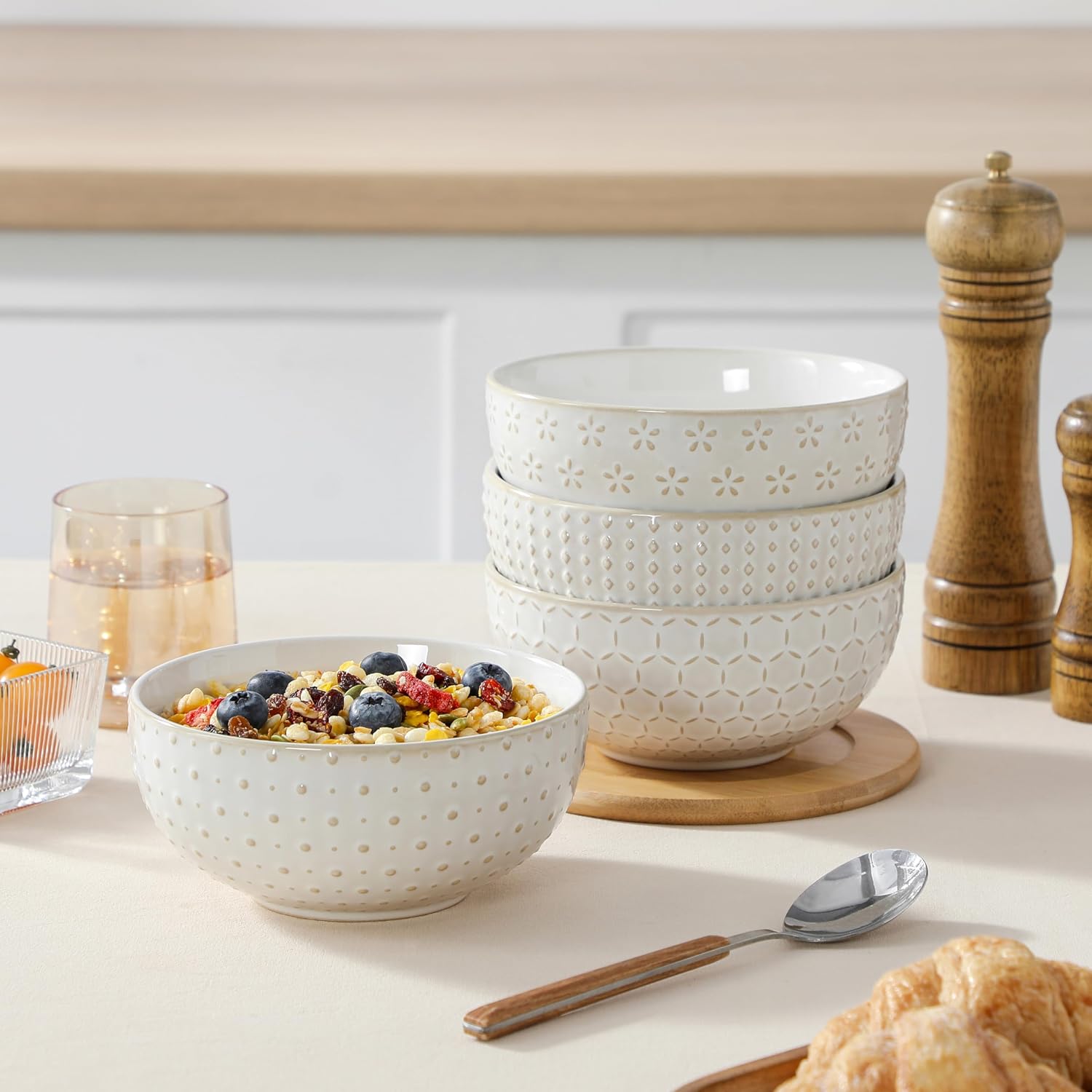 MALACASA Cereal Bowls, 30 Ounce Ceramic Soup Bowl for Kitchen, Stoneware Bowls Set of 4 with Embossment for Pho, Chip, Fruits, Salad, Noodle, Ramen - 6 Inch, Arctic White Series LYDIA