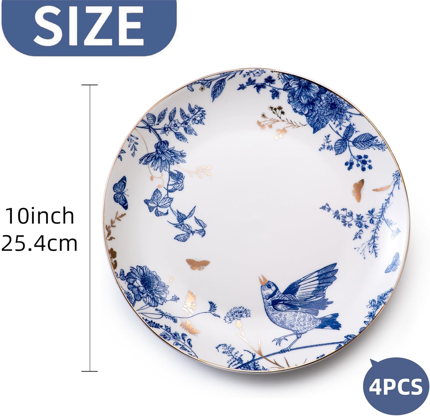 Porcelain Floral Plates 10 Inch Ceramic Salad Plates Kitchen Plates Set of 4 Blue and White Dinner Plates, Pasta Plate for Appetizer, Dessert,Party,Housewarming,Gift