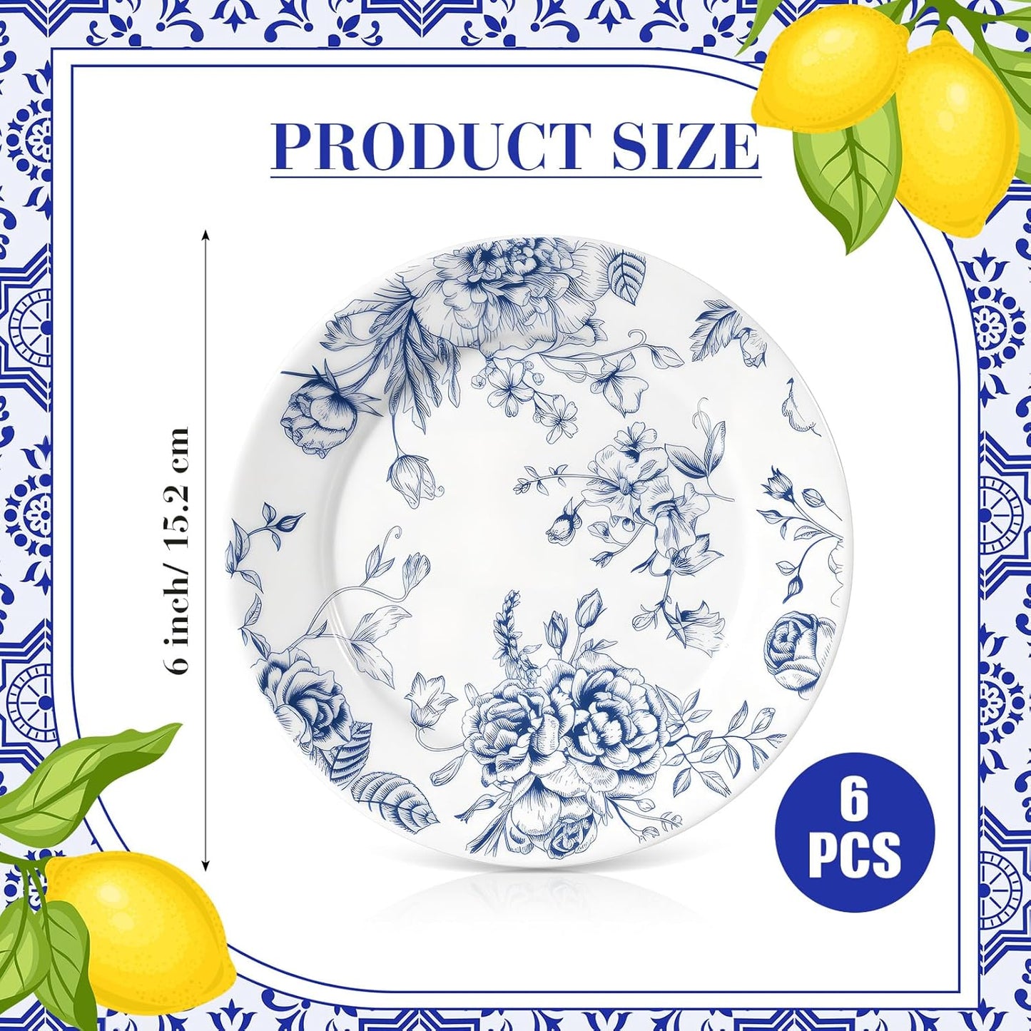 Blue Floral Ceramic Plates – Set of 6, 6 Inch | Nooliano