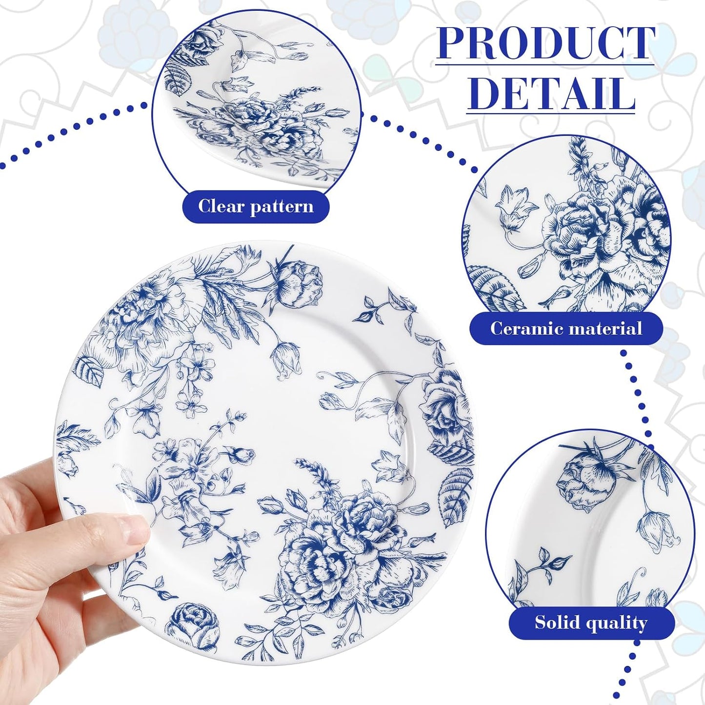 Blue Floral Ceramic Plates – Set of 6, 6 Inch | Nooliano
