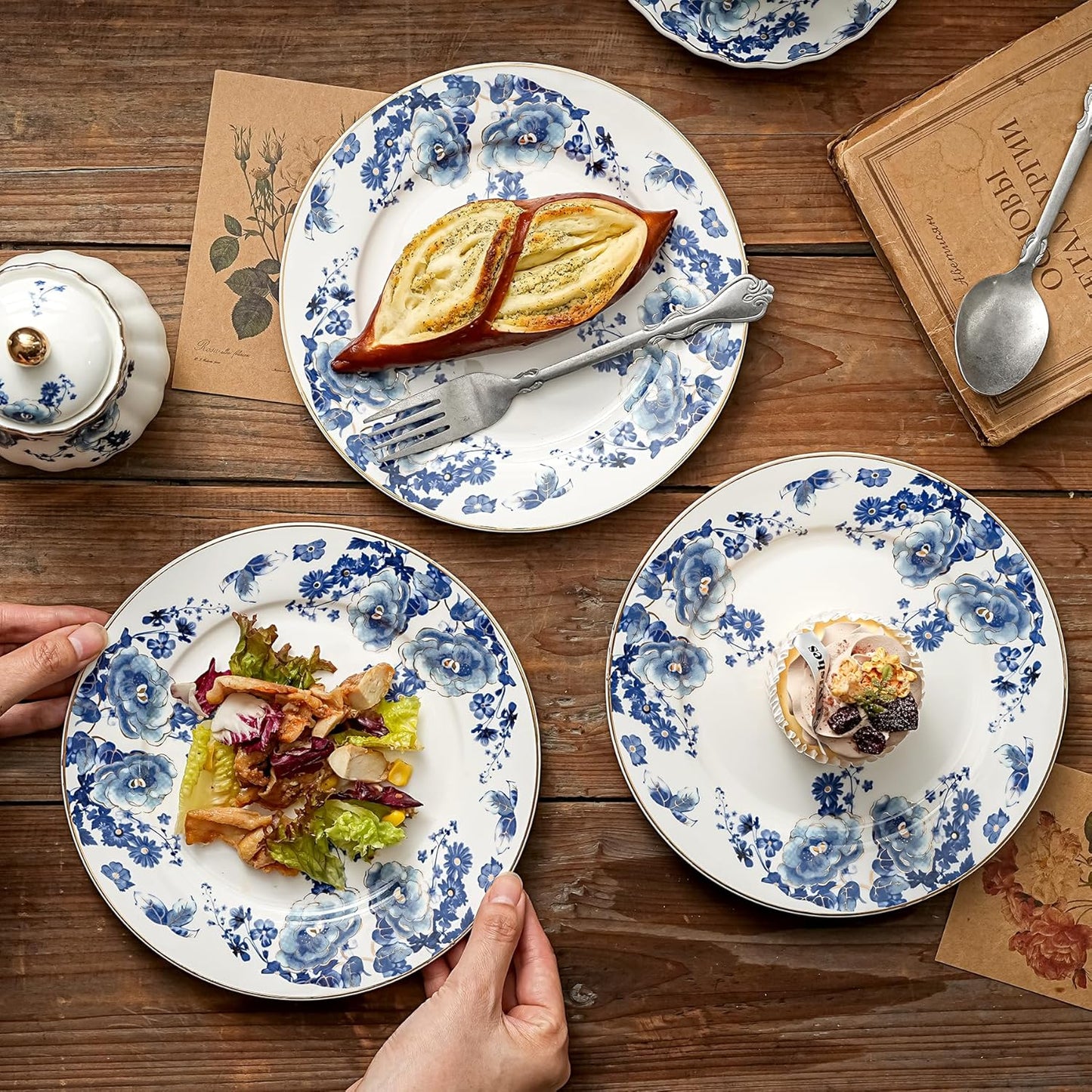 Agyiuns Porcelain Floral Plates, 8 inch, Set of 4,Small Plate, Small Appetizer Plates,Round dessert plate for breads, desserts, snacks, salads (Blue flowers)