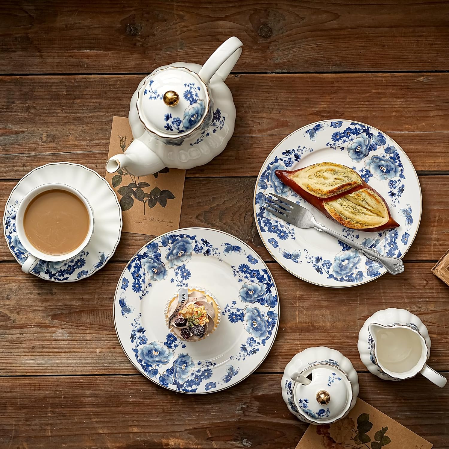 Agyiuns Porcelain Floral Plates, 8 inch, Set of 4,Small Plate, Small Appetizer Plates,Round dessert plate for breads, desserts, snacks, salads (Blue flowers)